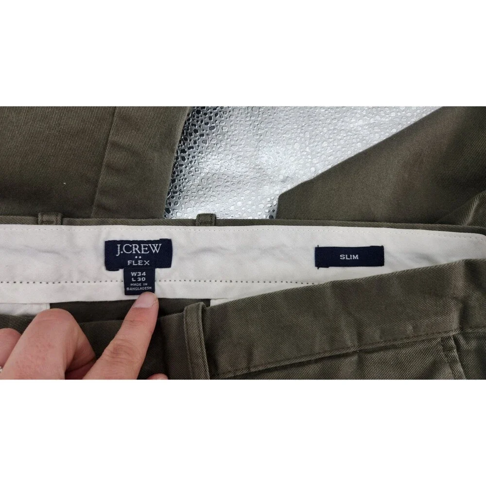 J.Crew Mens Size 34X30 Slim Fit Flex Olive Green Chino Pants‎ Cotton